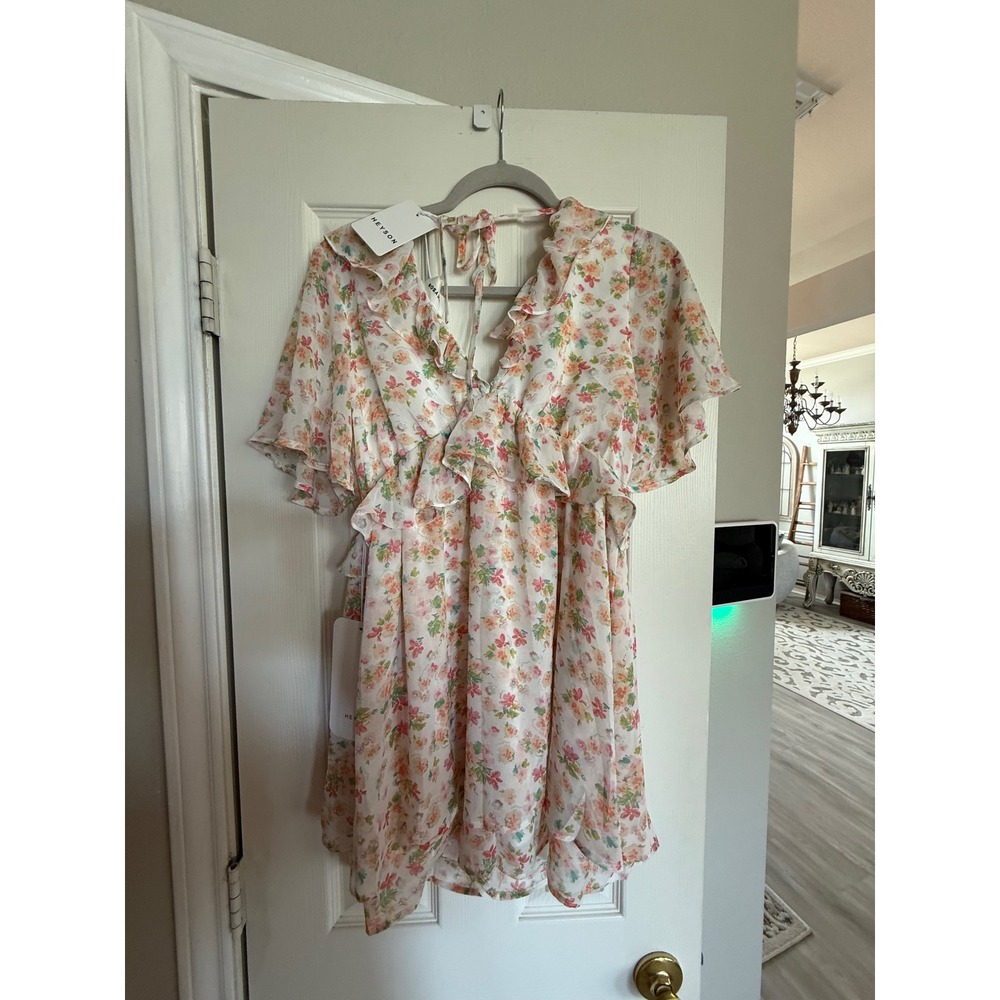 Heyson Floral Ruffle V-Neck Mini Dress WhitePink Orange Flutter Sleeve Small NWT